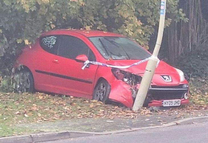 Peugeot 207 hits lamppost in Bucksford Lane, Singleton, Ashford